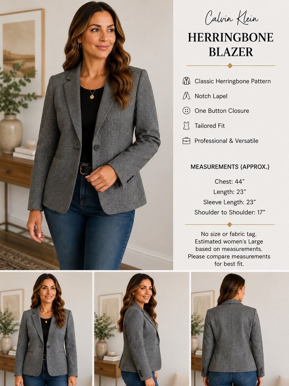 Calvin Klein Women’s Gray Herringbone Single-Button Lined Blazer Jacket approx L